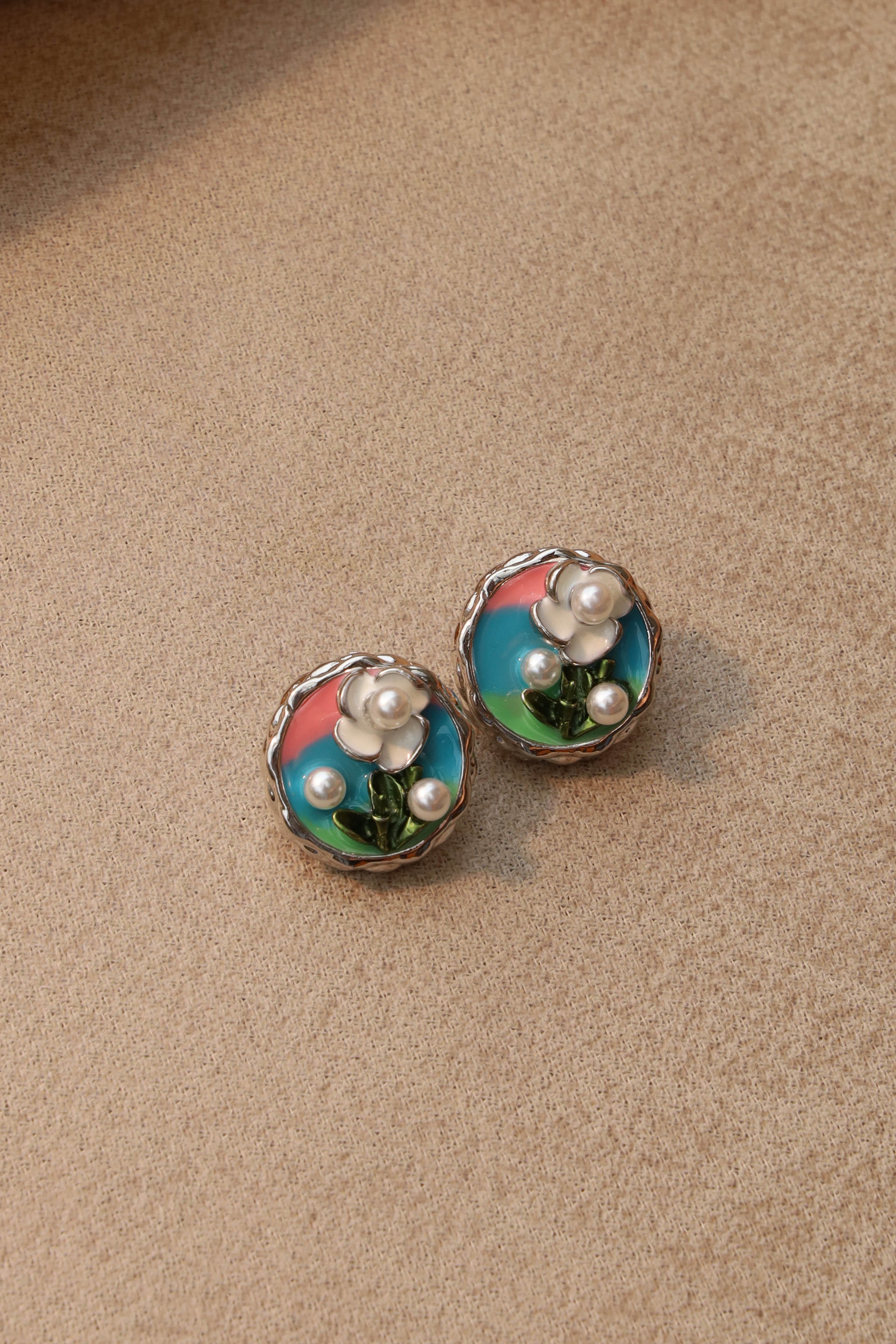 Enameled Floral Round Studs