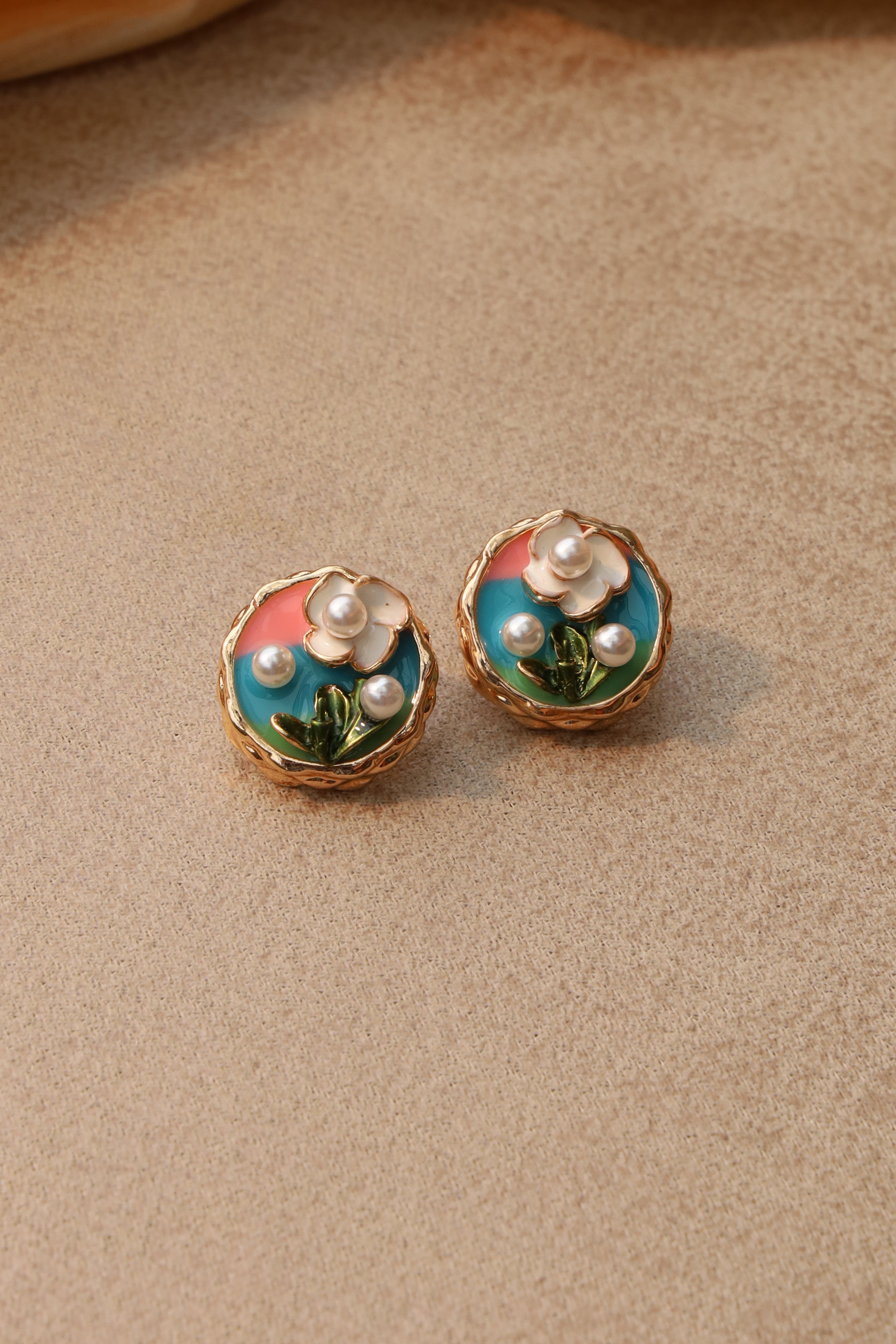 Enameled Floral Round Studs