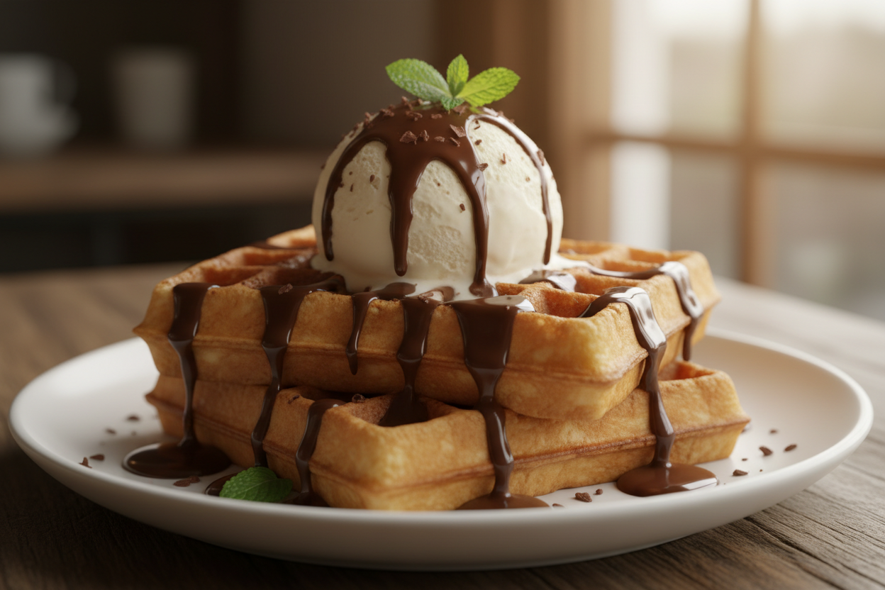 Waffles (with chocolate sauce + ice cream)